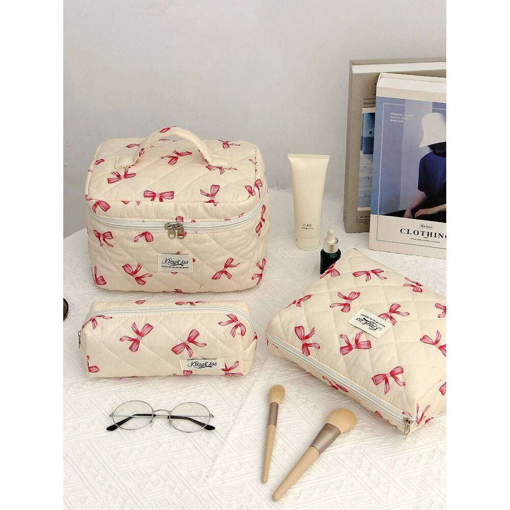 1pc/set Quilted Bathroom Storage Travel Essential Bag, Cute Bow Makeup Bag Y260206