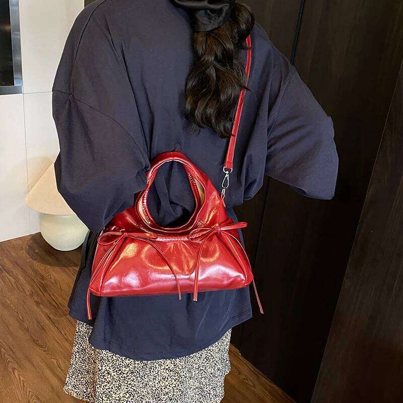 Trendy Versatile Women's PU Leather Bow Single Shoulder Crossbody Bag Simple Casual Commuting Storage Armpit Bags Y260205