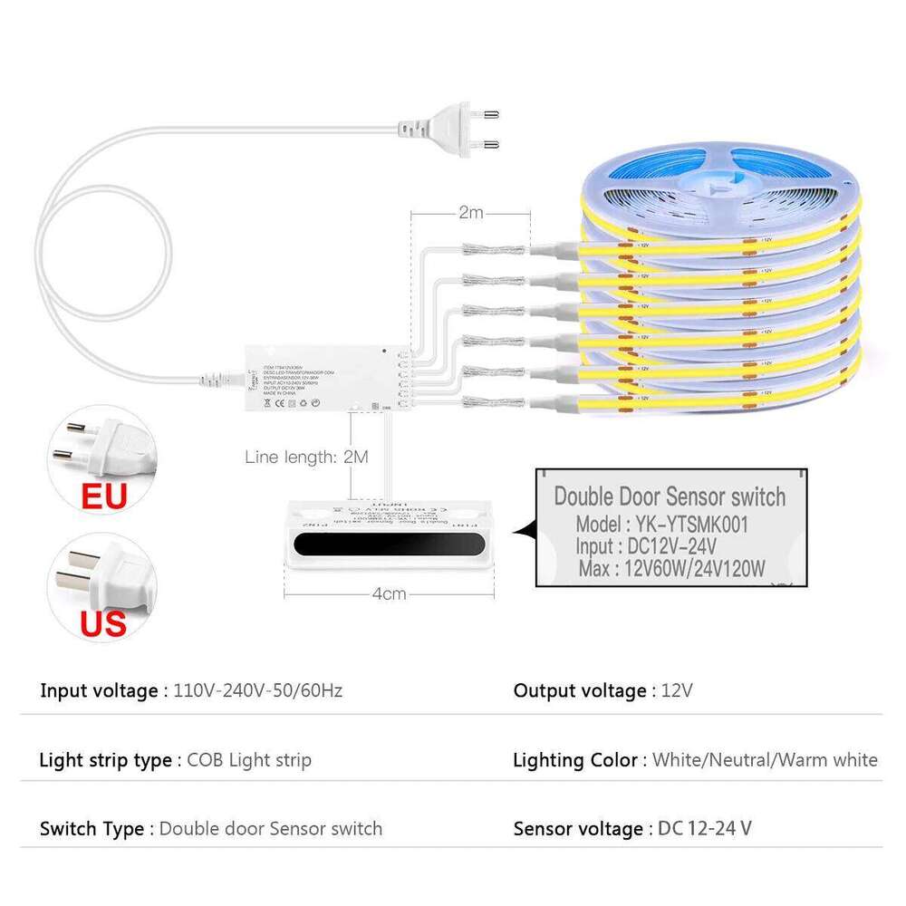 1m-10m 12V COB Strip Showcase Wardrobe Lamp Backlight For Room Kitchen Light with Door Proximity Sensor LED biadesive -Q Z260206