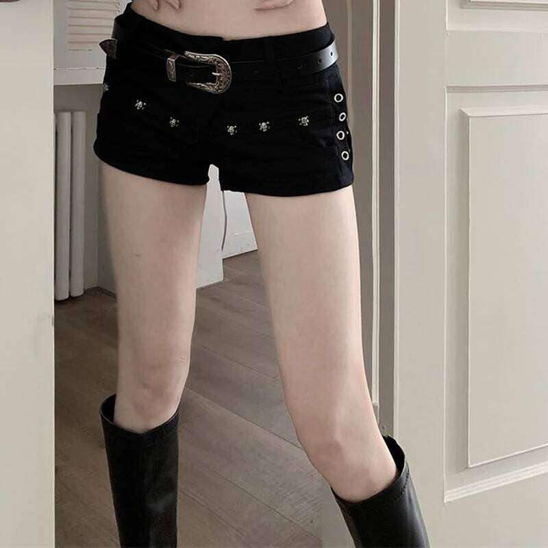 Summer Girls Korean Denim Shorts Lady Ultra Low Rise Y2k Designer Short Pants Female Black Rivet Hop Wrap Hip Skinny Jeans XJ260206