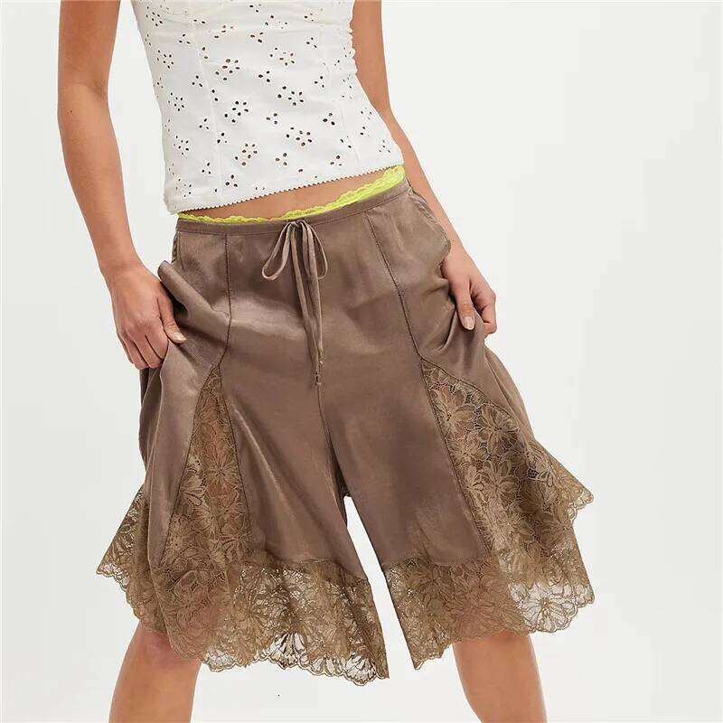 Women Lace Trim Shorts Y2k Satin Low Rise Half Slip Pajamas Cute Bow Coquette Pettipants Bloomers Patchwork Lounge Midi Pants XJ260206