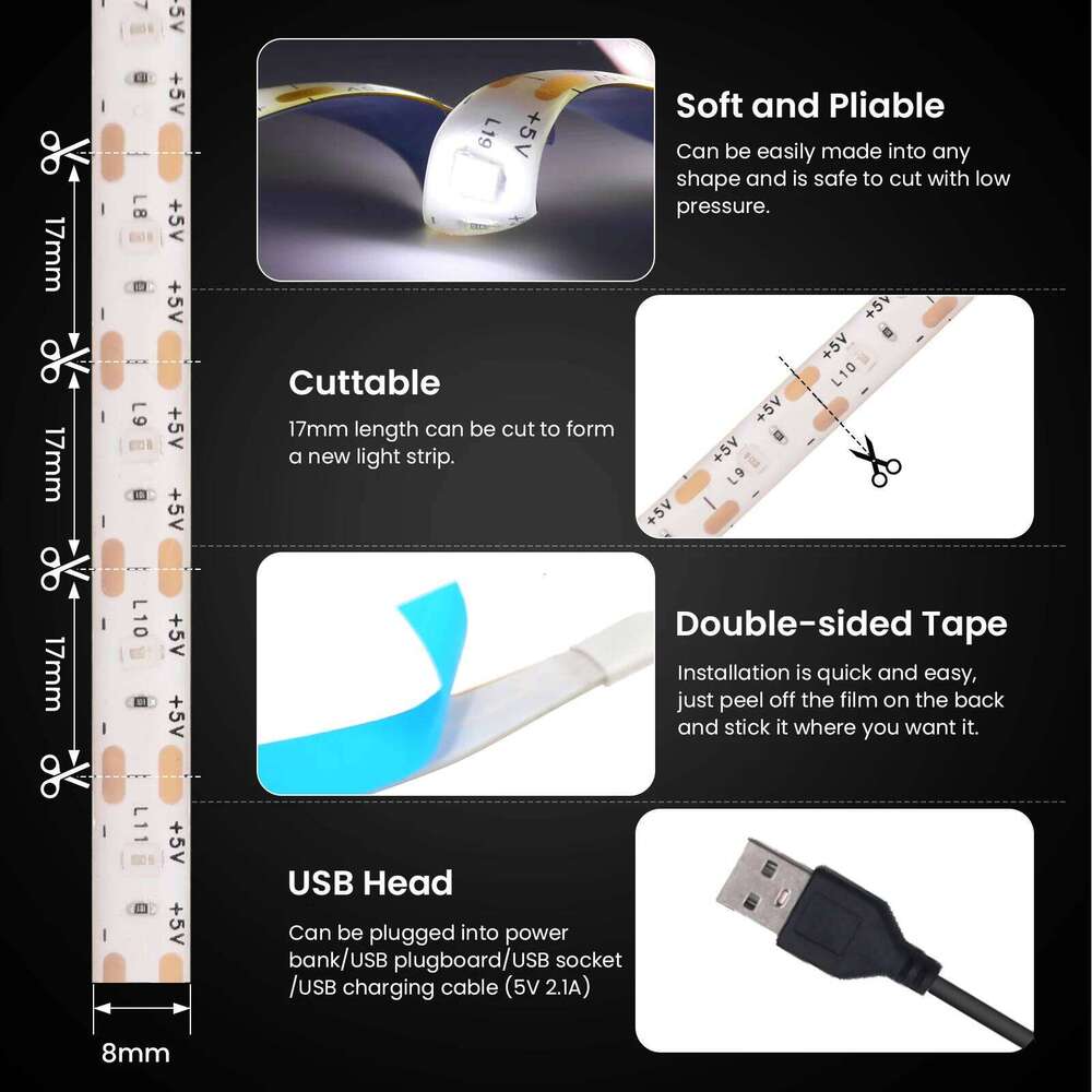 5V USB Strip with Adhesive 2835 60LEDs Flexible LED Tape Waterproof Rope Light for TV Backlight Cabinet Lamp Z260206