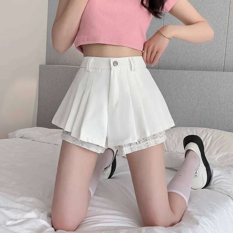 High Waist Lace Patchwork Silk Short Women's Spring Summer Thin Wide Leg Skirt Pants Casual Style Small Size Pleated XJ260206