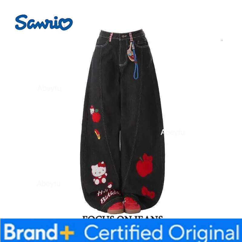 Sanrio Hello Kitty Spring Autumn Girl Jeans Cartoon Embroidery Fashion Wide-Leg Mid-Rise Retro Loose Flared Pants Birthday Gift H260206