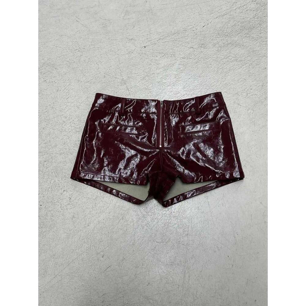 Sexy Red PU Leather Booty Women Low Waist Straight Casual Shorts C260206