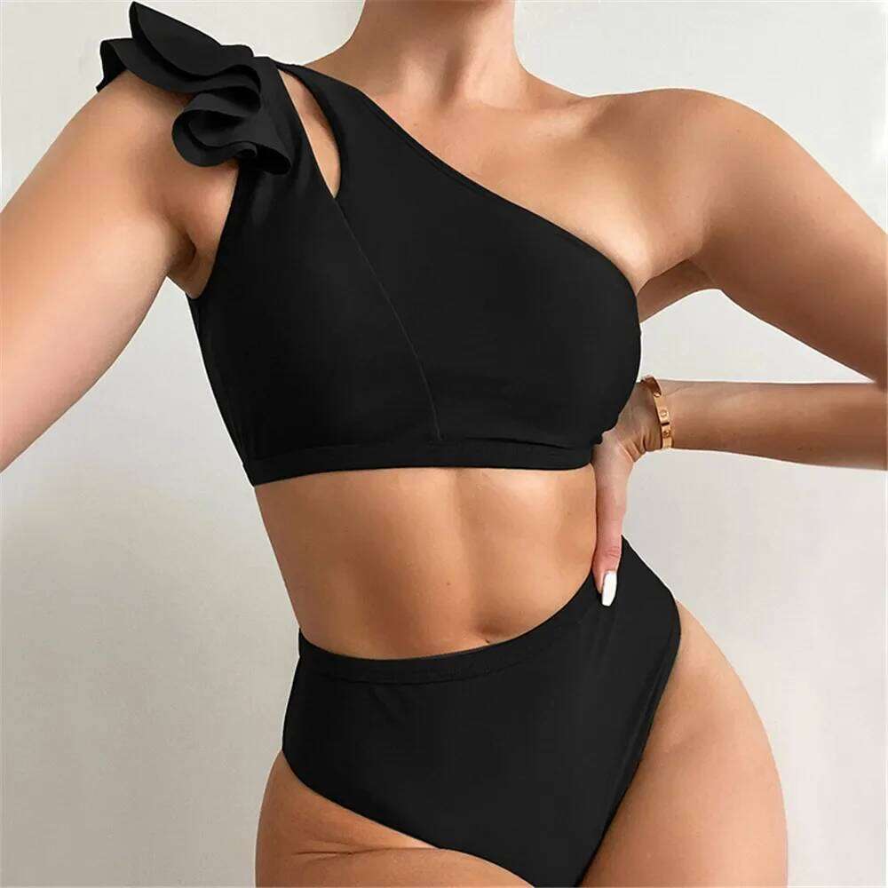 Sexy One Shoulder Ruffled Swimwear High Waist Bikinis Sets Women Swimsuit Bathing Suit Brazilian Red Bikini 2025 Mujer Beachwear XJ260206