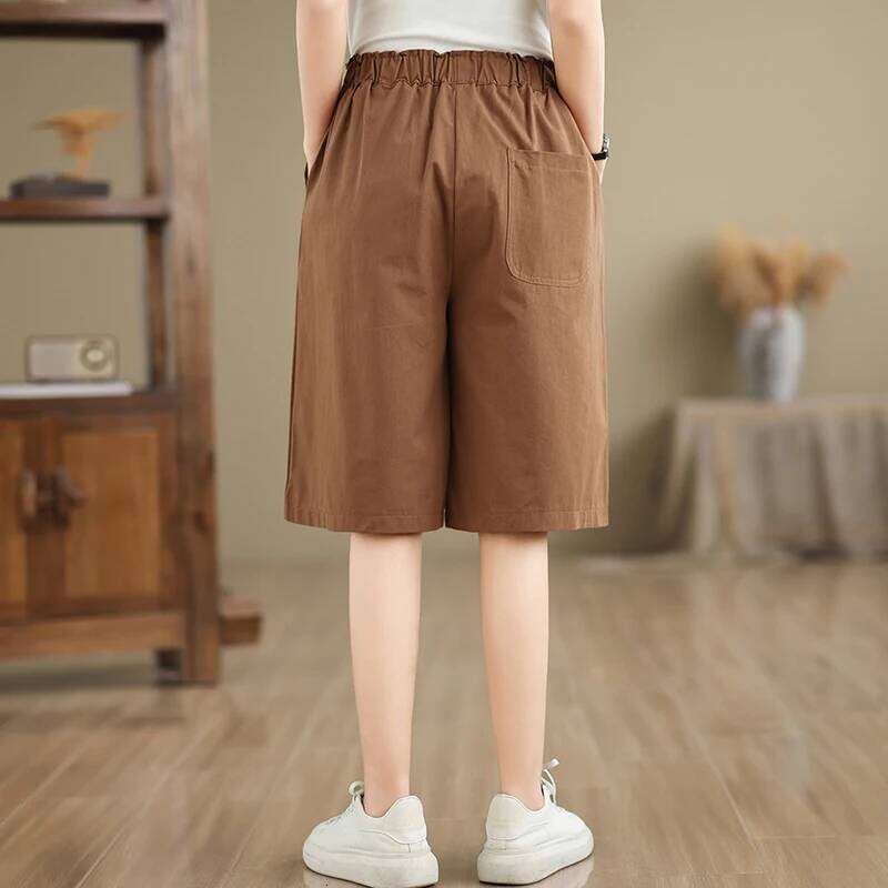 Loose Wide Leg Khaki orts Women's Summer Elastic High Waist Slimming Cotton Linen Five-Quarter Straight Cut Casual Trousers XJ260206