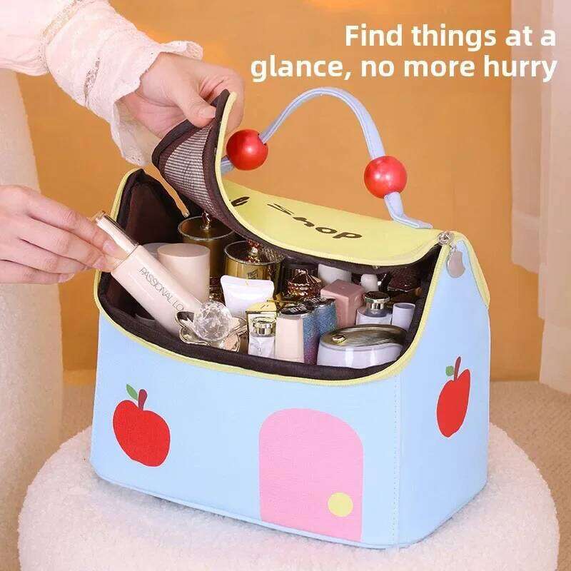 Cute Dopamine House Makeup Bag - Large Portable Cosmetic Organizer with Handles, Travel Toiletry Pouch for Women & Girls Y260206