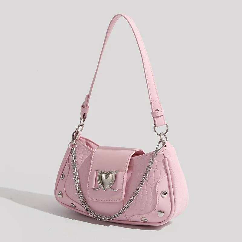 Fashionable Y2K Hot Girl Handbag, Motorcycle Style Solid Color Women's Bag, Commuting Heart Chain Shoulder Armpit Bags Y260205