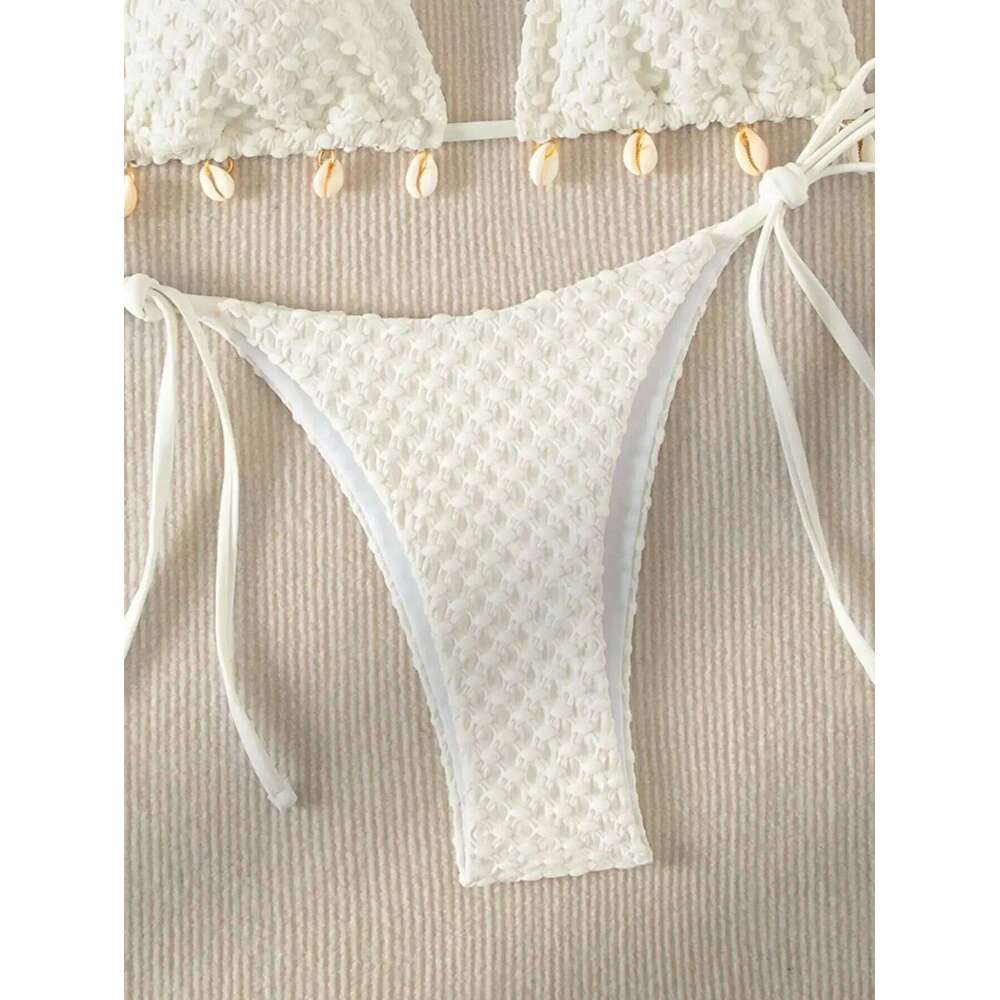 Sexy Bikini Set White Shell Swimsuit 2025 New Halter Push Up Micro Bikinis Summer Bathing Suit Tie Side Thong Swimwear Z260206