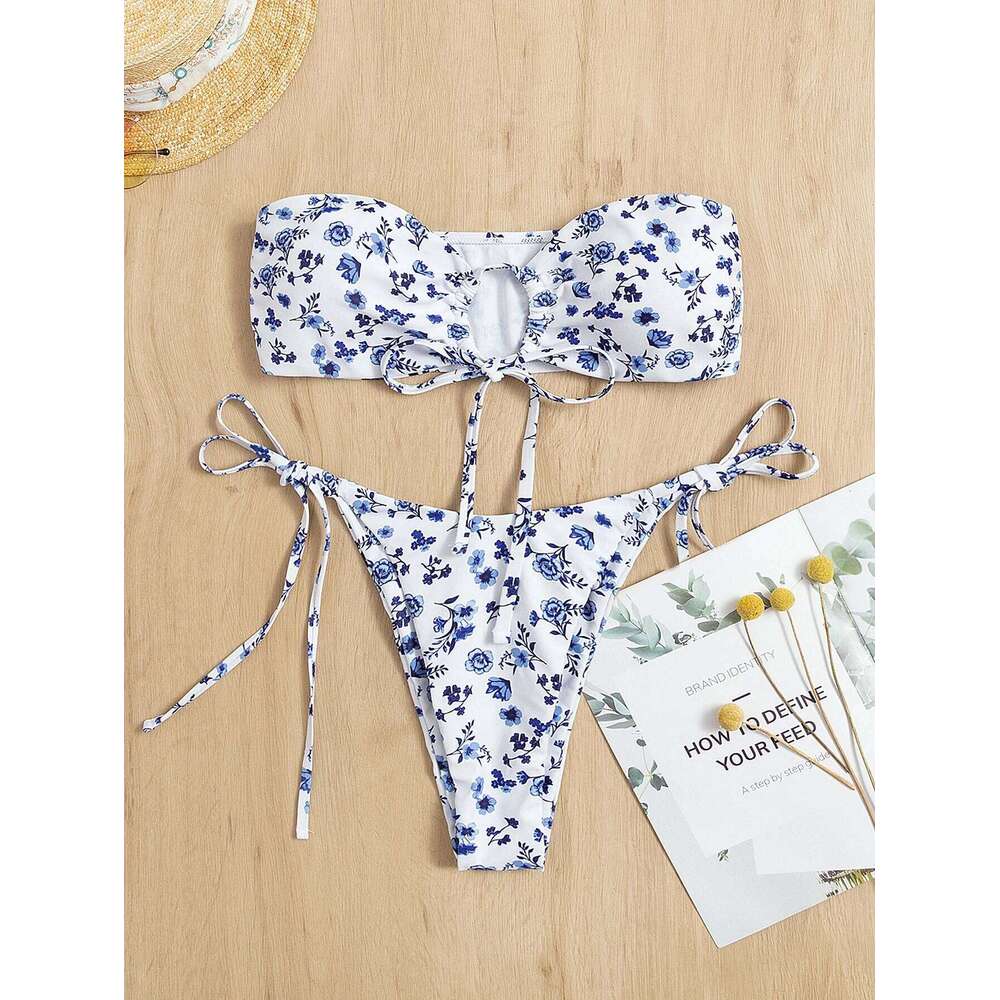 Cross-border printed bikini bandeau split swimsuit set XJ260206