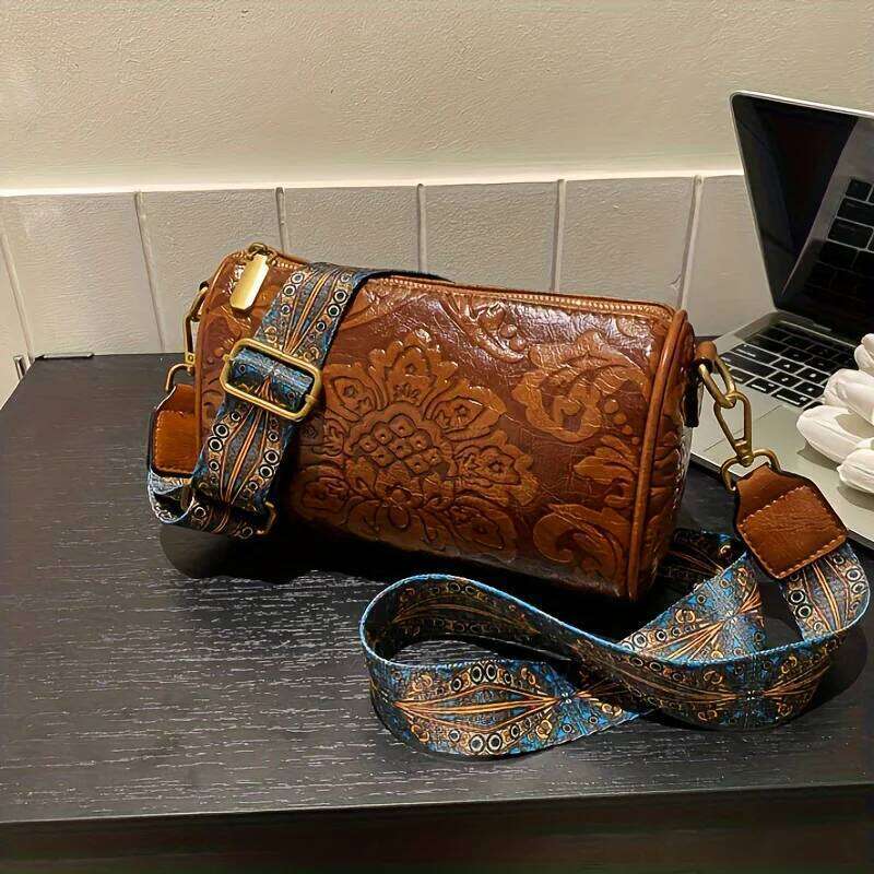 Chic Floral Embossed Crossbody Bag: Urban Elegance with Secure Zip, Durable Design & Wide Strap for Everyday Style XJ260129