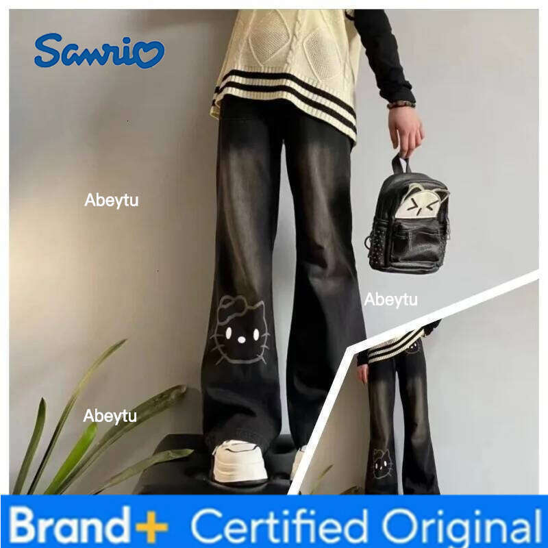 Sanrio Hello Kitty 2025 New Children Jeans Kawaii Girls Autumn High Waist Black Wide Leg Straight Pants Holiday Birthday Gifts H260206