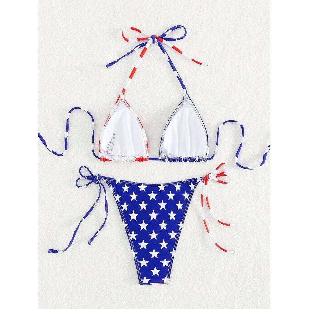 American Flag Print Micro Bikini Set Adjustable Patriotic Tie-Front Halter Two-Piece Swimsuit Summer Women Sexy Swimming Clothes Z260206