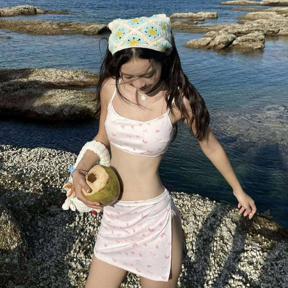 New 3 Pieces Set Floral Swimsuit Women Ribbed Swimwear Sexy Bandeau Bikini with Sarong Skirts Beach Wear Bathing Suit Korean Z260206
