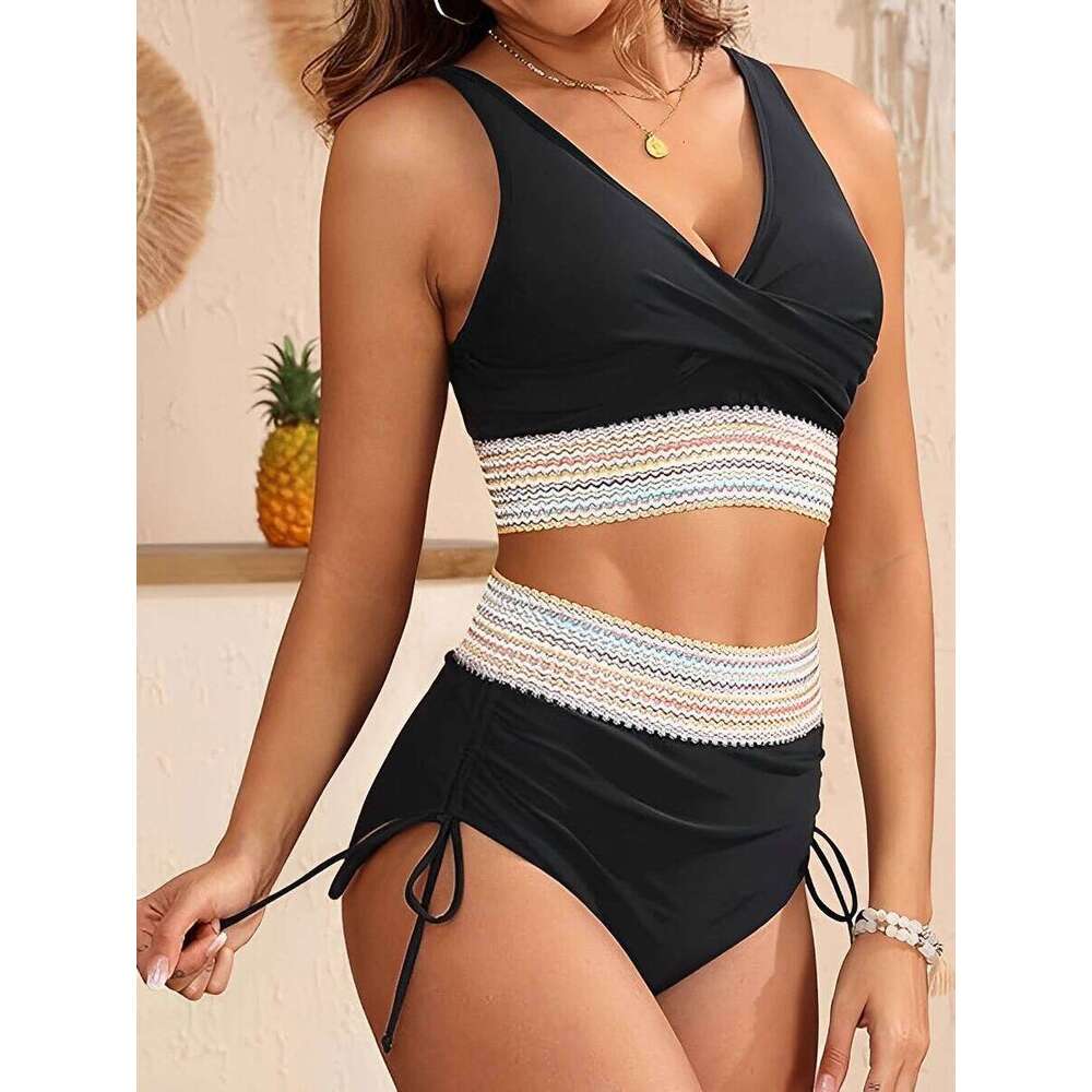 V-neck Bikinis 2025 Women High Waist Swimwear Drawstring Swimsuit Female Beachwear Summer Bathers Bathing Swimming Swim Suit XXL Z260206