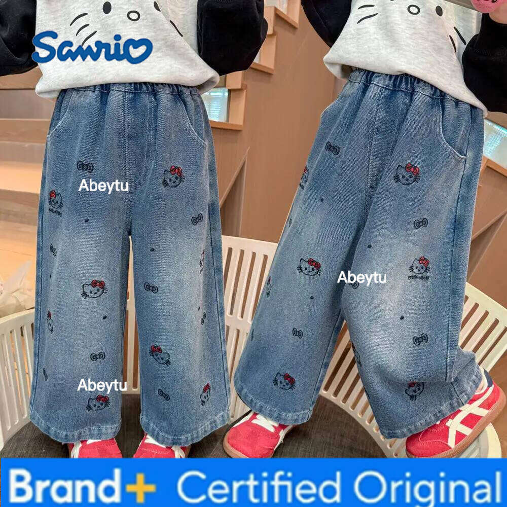 Sanrio Hello Kitty Girls' Spring/autumn Casual Jeans New Children's Stylish Fashion Korean Version Straight Wide-Leg Pants H260206