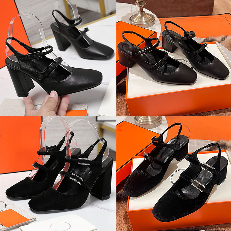 Spring Summer Black Goatskin Jackie 90 Pump Ladies Retro Mary Jane Style Jackie 50 Pump Luxury Quality velvet featuring Hapi buckle Slingback pump