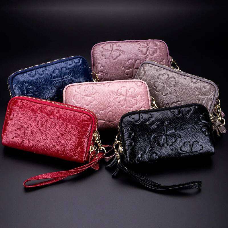Real Leather Women Long Wallet Ladies Double Zipper Coin Purse Four-Leaf Clover Card Holder Female Cute Money Bag Luxury Clutch Y260206