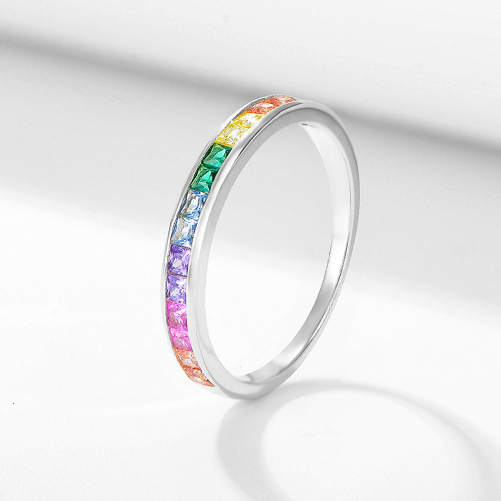 Peishang Accessories S925 Sterling Silver Micro-Inlaid Square Rainbow Zircon Women's Fashion Ring Jewelry