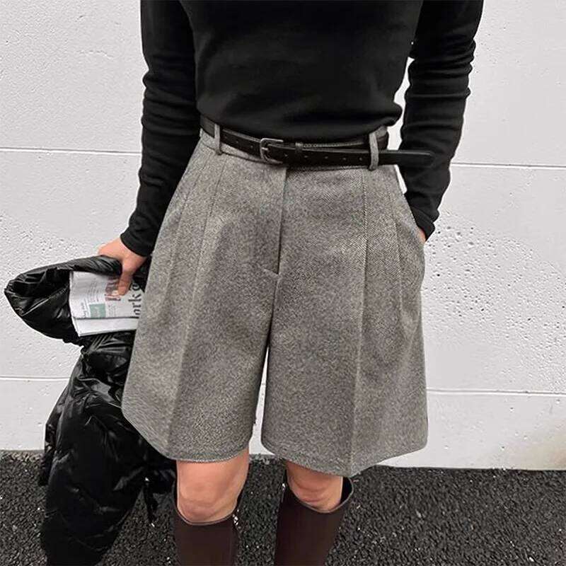 Chic Women Thicken Warm Loose Pockets Faux Woolen Straight 2024 Autumn Winter High Waist Ladies Wide Leg Shorts WH2 XJ260206