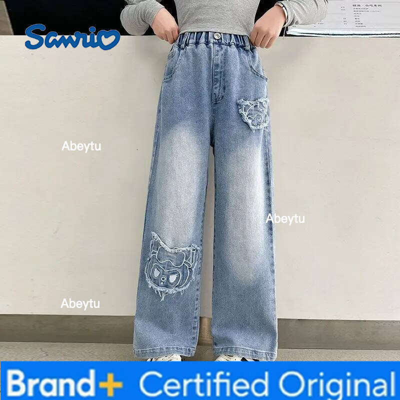 Sanrio New Autumn Korean Children With Cartoon Cat For Girl Elegant Straight Fit Denim Pants Kids Fashion Street Jeans Trousers H260206