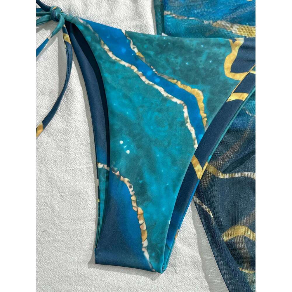 Women's Three-Piece Swimsuit Set, Blue Marble Print Sexy Bikini with Top, Tie-Up Triangle Bottoms, Mesh Wrap Skirt, Beach Swimwear XJ260206