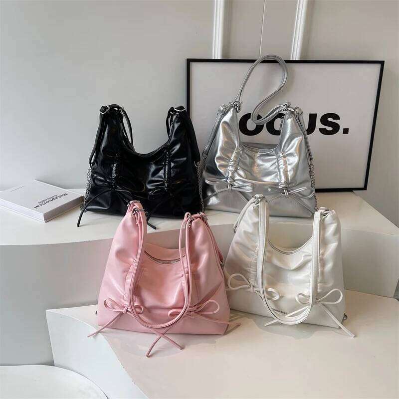 LEFTSIDE Bow Small PU Leather Shoulder Bags for Women 2024 Korean Fashion Females Silver Crossbody Bag Lady Simple Handbags Y260205