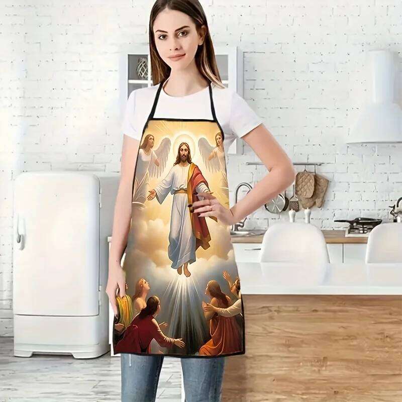 Jesus Print Polyester Apron - Vibrant Sleeveless Kitchen Bib with Ascension Design, Durable & Easy-Clean for Cooking, Grilling S260205