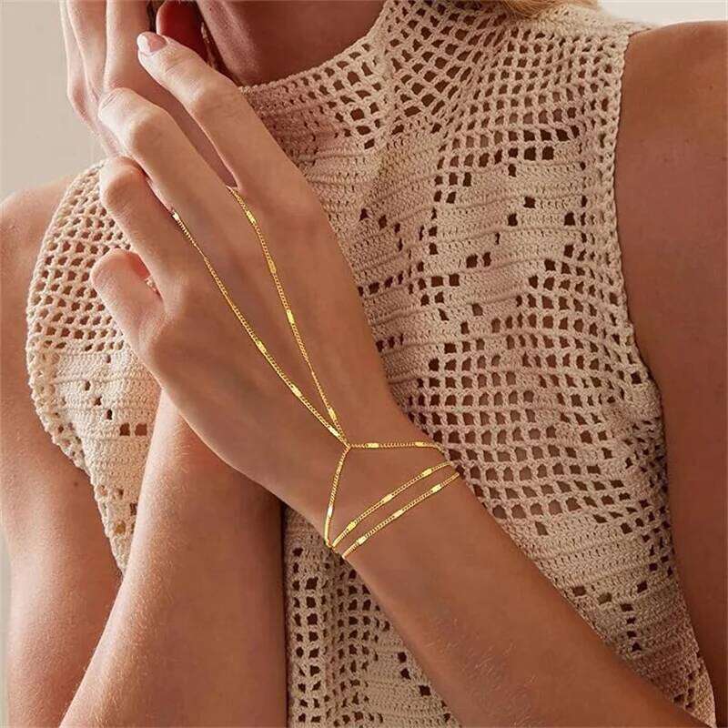 Trendy Gold Color Dainty for Women Simple Thin Link Chain Connecting Harness Bracelet Ring Hand Jewelry Gift 26H0206
