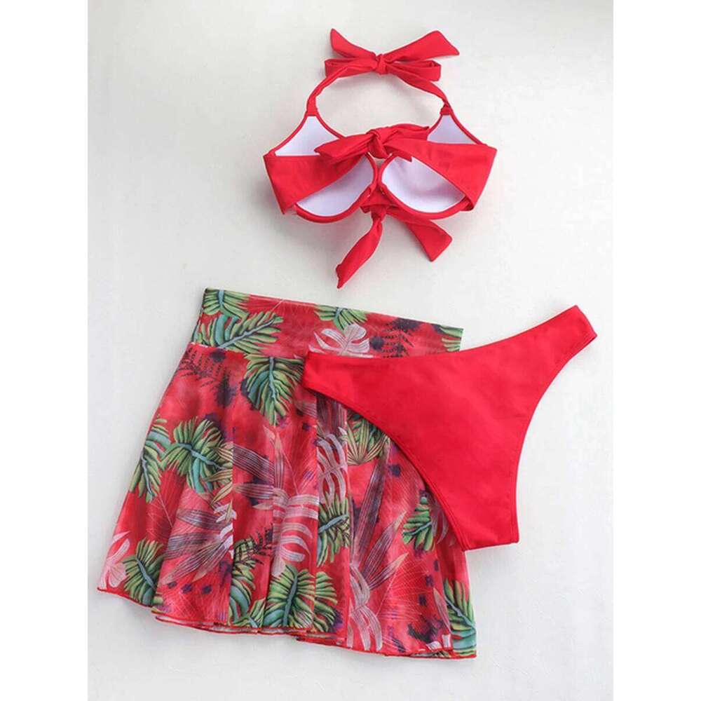 3 Piece Tropical Bikini Halter Push Up Swimsuit & Beach Shirt Swimwear Women 2025 Bathers Bathing Swimming Suit Female Beachwear XJ260206