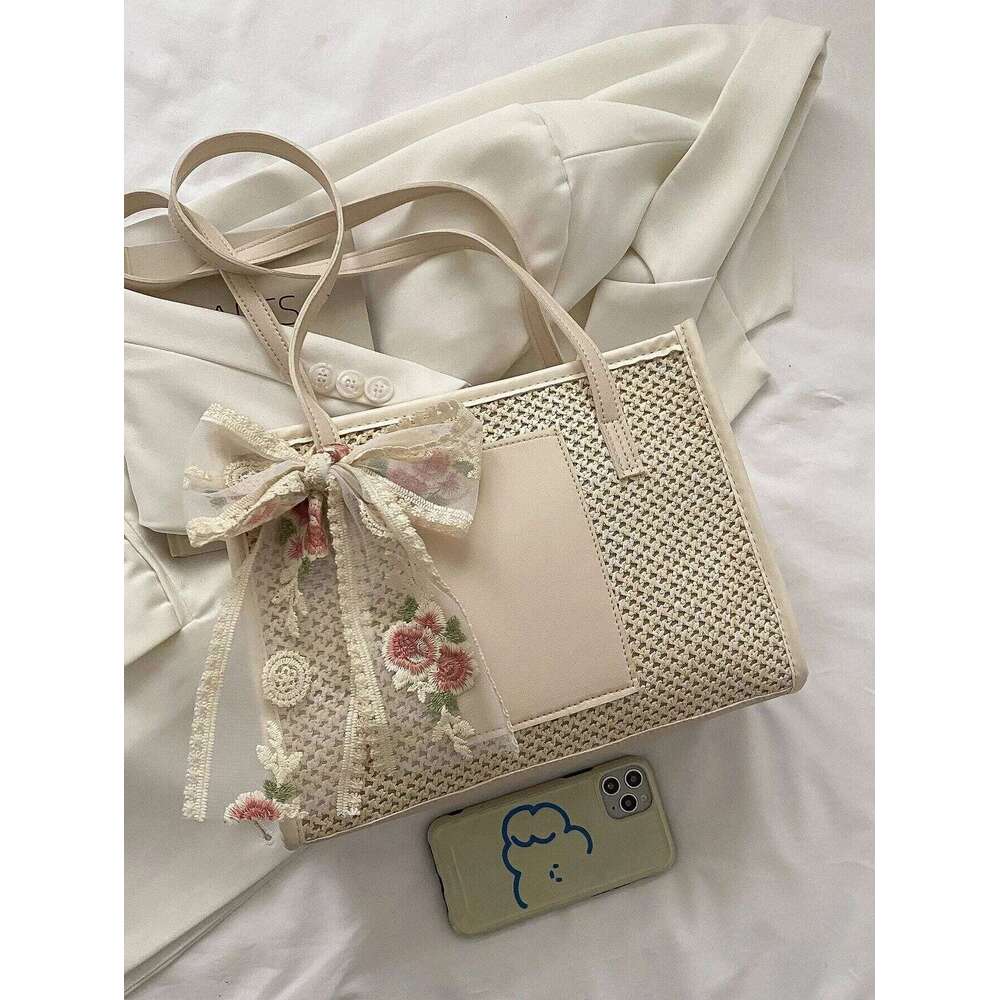 Trendy Lightweight Casual Bow Decor Straw Hollow Out Knitted Flower Tote Large Capacity Shoulder Bag For Teen Girl Women Y260205