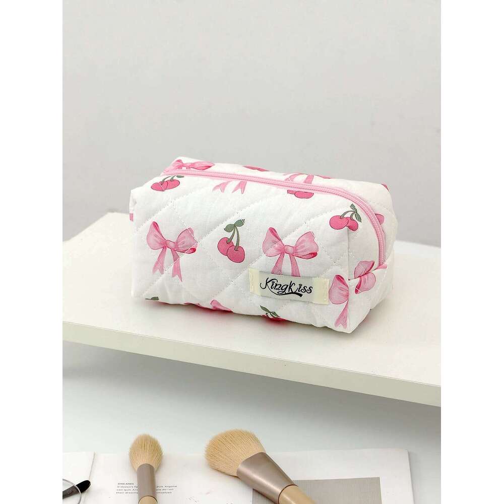 1pc/set Cherry Bow Quilted Multifunctional Handheld Makeup Bag, Portable Toiletry Bag Set with Zipper Y260206