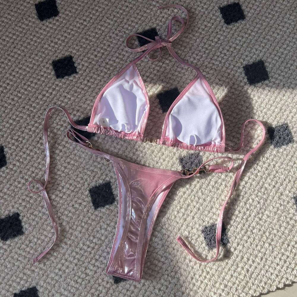 Shiny Pink Micro Bikini Set 2025 Mujer Sexy Push Up Thong Swimsuit Summer Bathing Suit Bandage Holiday Swimwear Women Z260206