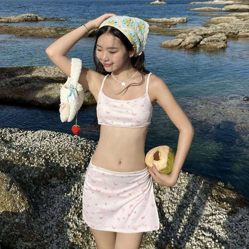 New 3 Pieces Set Floral Swimsuit Women Ribbed Swimwear Sexy Bandeau Bikini with Sarong Skirts Beach Wear Bathing Suit Korean Z260206