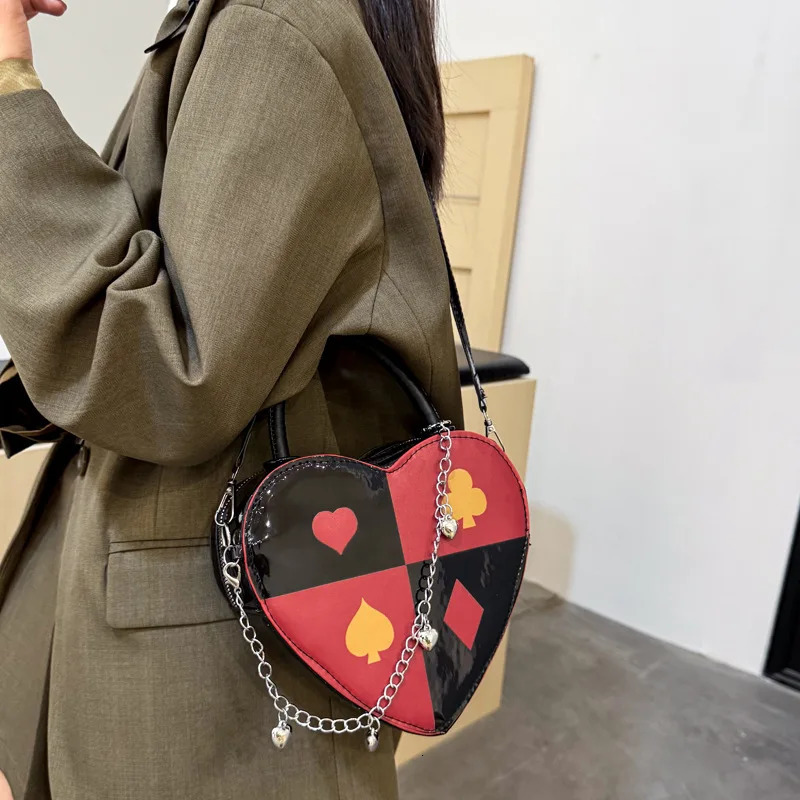 Y2k Contrast Color Heart Shape Shoulder Bags for Women Cool Chain PU Leather Crossbody Bag Portable Ladies Handbags 260129