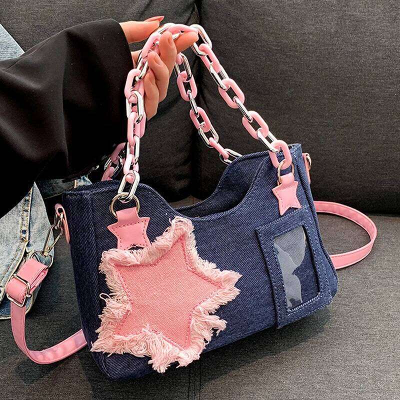 Y2K Vintage Korean Fashion Shoulder Underarm Harajuku Star Tote Denim Bag Chain Ladies Bags Zip Purses Handbags Women Y260205