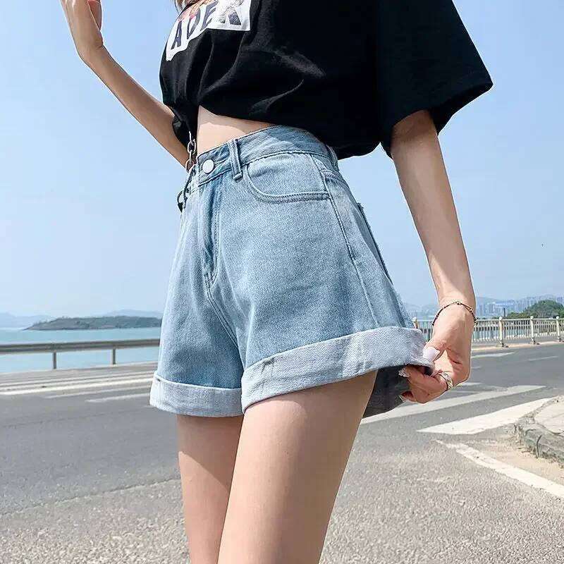 Summer Women's Denim High Waist Blue Cotton Wide-leg Short Pants Girl's Student Mini Korean Fashion Womens Jean Shorts H260206
