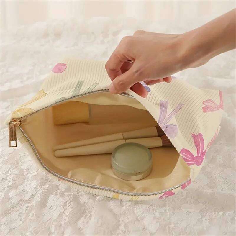 Large Bow Printed Corduroy Korean Women Zipper Makeup Storage Box Multifunctional Travel Cosmetic Organizer Bag Y260206
