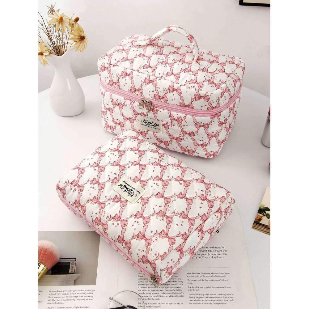 1pc/set Pink Mermaid Bow Quilted Essential Bag for Toiletries Storage, Travel Storage Makeup Bag, Multifuncti Y260206