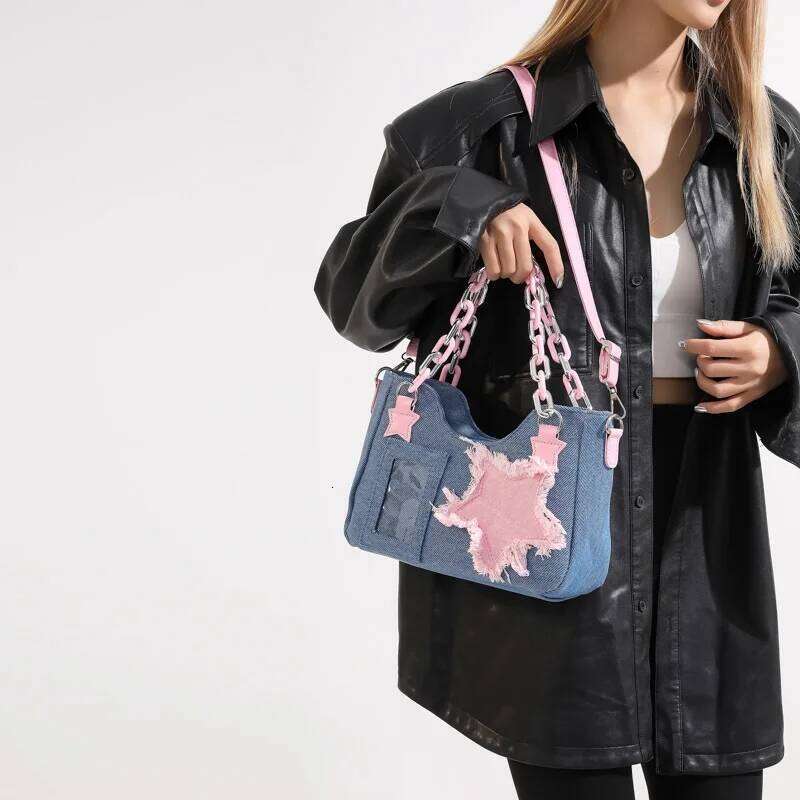 Y2K Vintage Korean Fashion Shoulder Underarm Harajuku Star Tote Denim Bag Chain Ladies Bags Zip Purses Handbags Women Y260205