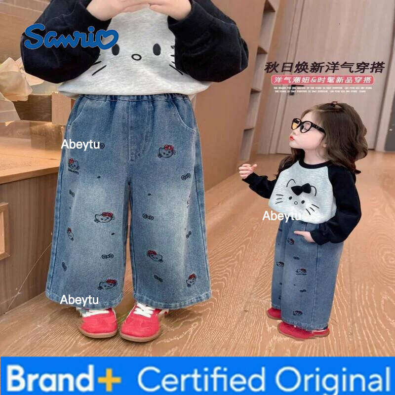 Sanrio Girls' Spring Hello Kitty Autumn Casual Jeans 2025 New Style Straight Pants Children Western Fashion Korean Edition Tops H260206