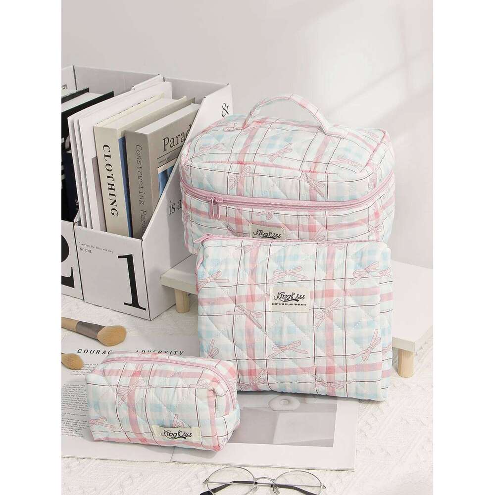 1pc/set plaid quilted large capacity toiletry travel storage bag, multifunctional makeup bag Y260206