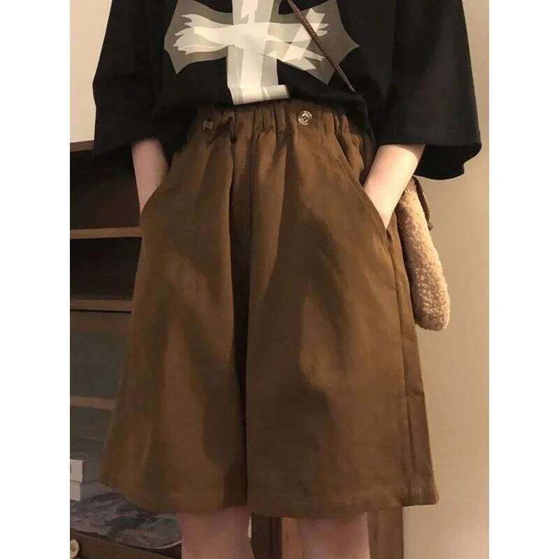 Retro Brown Workwear Pants Casual Suit Shorts Women Summer Thin Loose Wide Leg Five-Quarter Over-Knee Straight Mid-Pants XJ260206