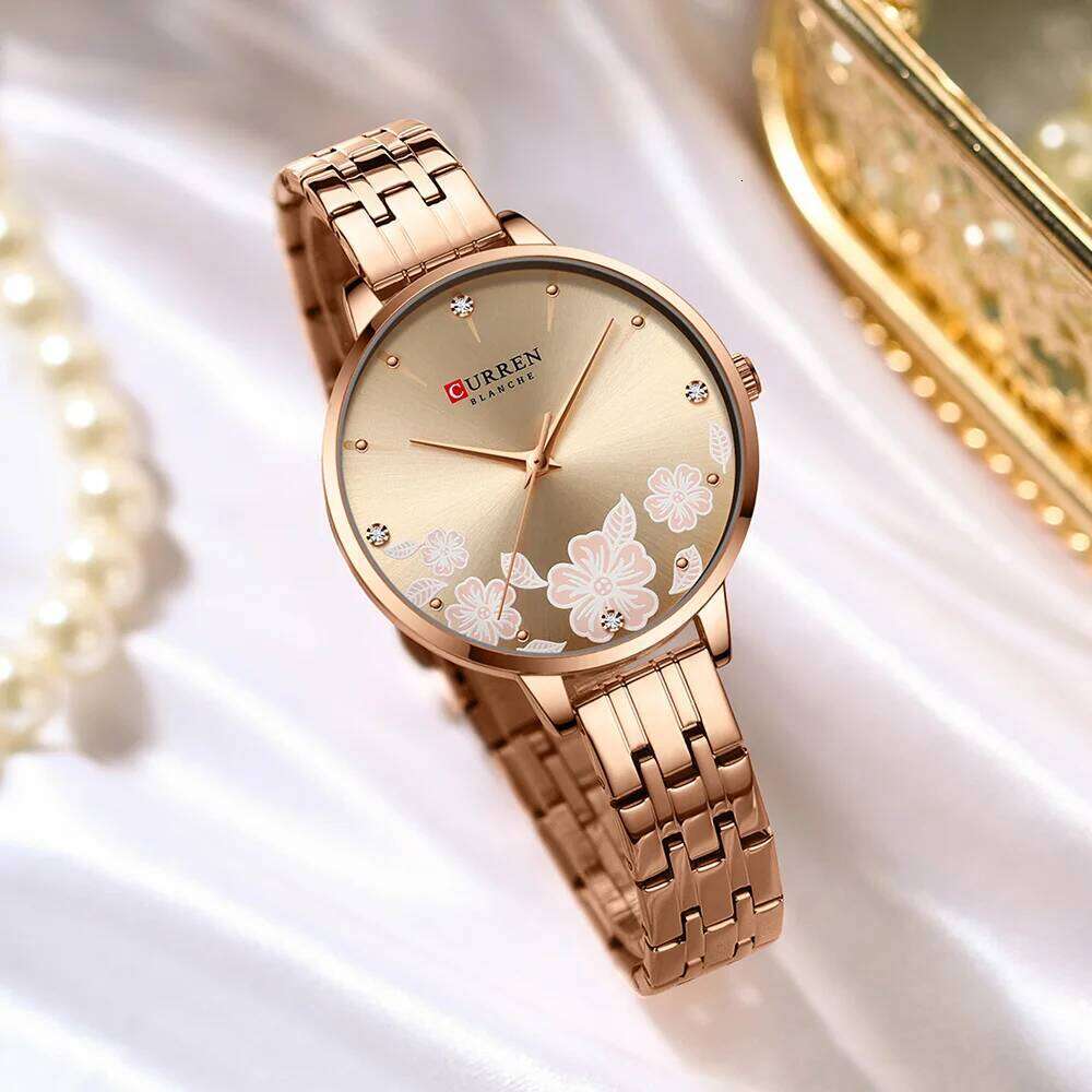 CURREN Fashion Quartz Wristwatches for Women Simple Stainless Steel Watch Bracelet with Flower Design Dial Z260206