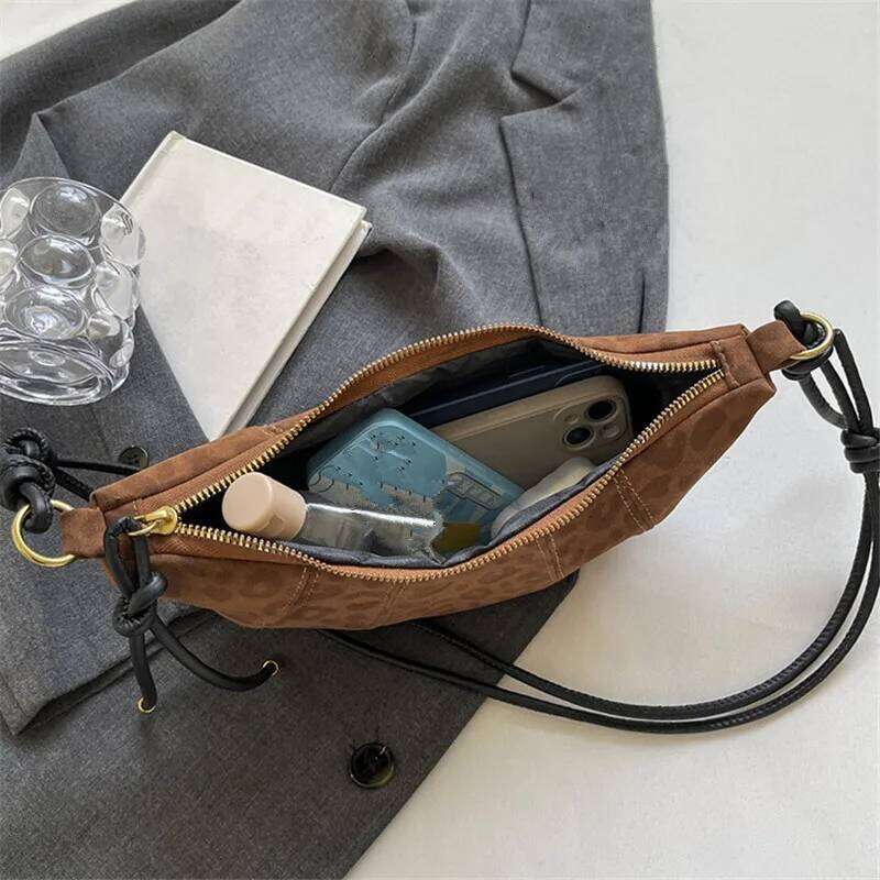 Suede Crescent Mini Bags Stylish Drawstring Design, Leopard Solid Hues, Gold Accents Compact, Trendy Versatile for Casual Outfit Y260205