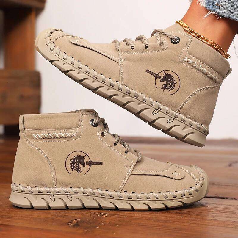 Hot Sale Women's Ankle Suede Leather Handmade Flat Shoes 2025 New Fashionable Lace-Up Boots Comfortable Walking Sneakers