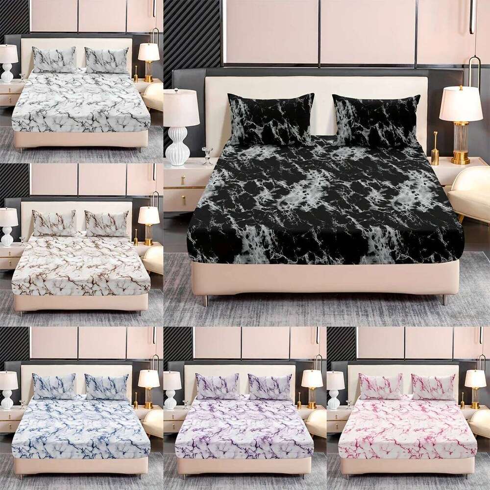 3-Piece Marble Print Fitted Sheet Set Ultra Soft, Breathable Microfiber Fabric, Hypoallergenic, Wrinkle-Resistant, Easy Care - XJ260206
