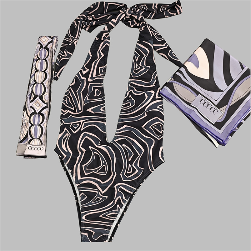 Deep V Neck Beachwear Women Surfing Wear Beach Vacation Halter Swimsuit Graphic Pattern Swimwear With Silk Scarf