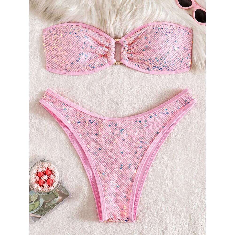 Sequins Shiny Mesh Bandeau Female Swimsuit Women Swimwear Two-pieces Bikini Set Brazilian Bather Bathing Suit Swim Lady XJ260206